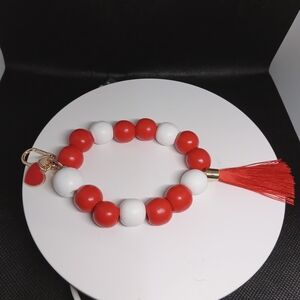 Red and White Beaded Purse Accessory with Tassel And Heart Charm